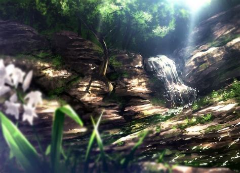 Sunlight Landscape Forest Waterfall Rock Nature Grass Artwork