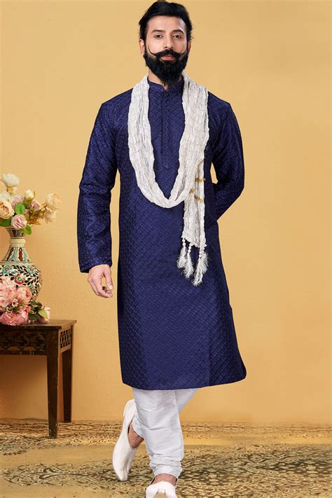 Embroidered Dupion Silk Kurta Set In Royal Blue Ucchal Fashion