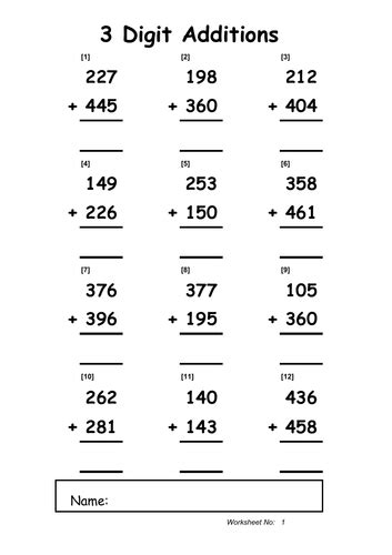 Addition Worksheets 3 Digits Teaching Resources