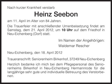 Traueranzeigen Von Heinz Seebon Trauer Hna De