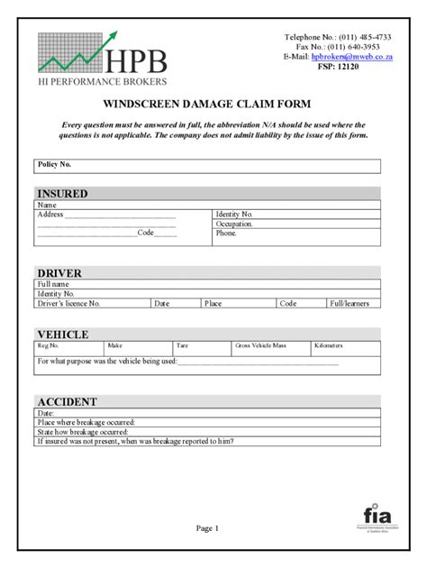 Fillable Online Windscreen Damage Claim Form Insured Driver Fax