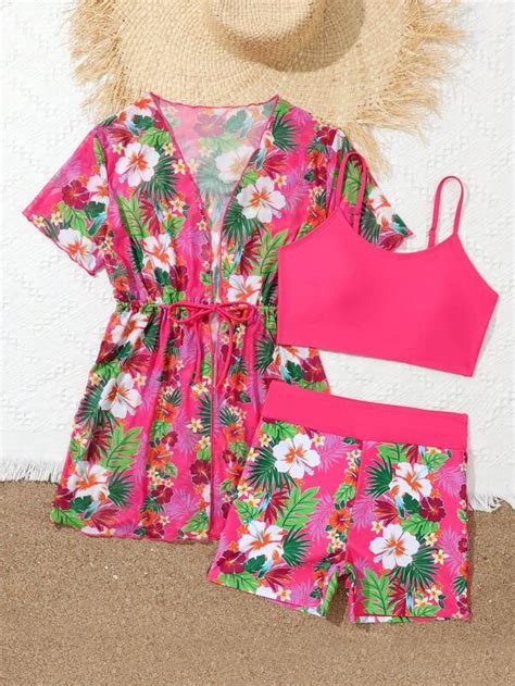 Tween Girl Tropical Print Bikini Swimsuit With Kimono Shein Usa