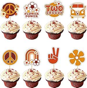 24PCS Two Groovy Baby Birthday Wood Cupcake Toppers Set 60s Boho