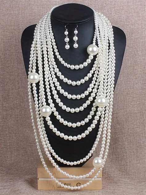 Elegant Jewelry Set Faux Pearl Handmade Beaded Multilayer Necklace And