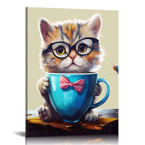 ONETECH Watercolor Cat Canvas Art Cat in A Cup Canvas Painting Cat ...