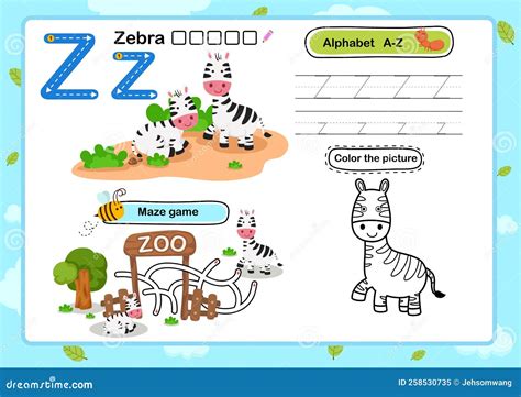 Alphabet Letter Z Zebra Exercise With Cartoon Vocabulary Stock Vector