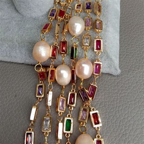 Cultured Pink Keshi Pearl Mixed Color Rectangle Cz Pave Long Chain