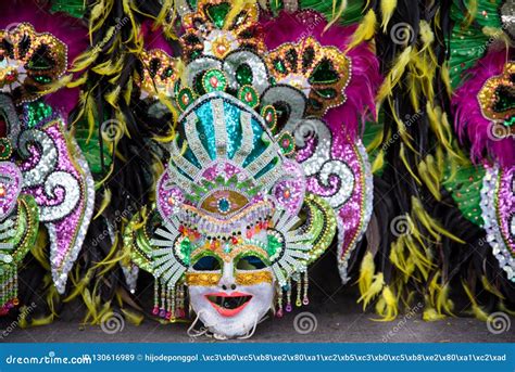 Parade Of Colorful Smiling Mask At 2018 Masskara Festival Bacol Stock