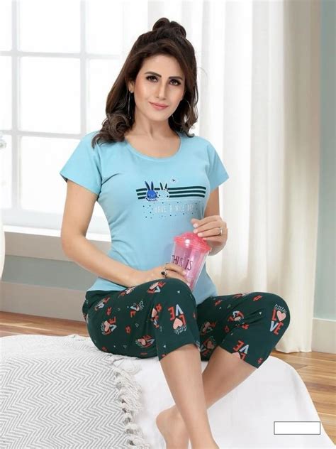 Printed Ladies Hosiery Sky Blue Capri Night Suit Half Sleeve At Rs 445