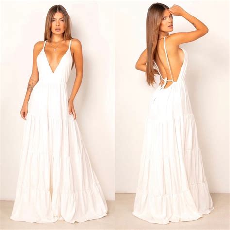 Vestido Branco Longo Decotado Detalhe Em Amarra O V Rias Formas Moda