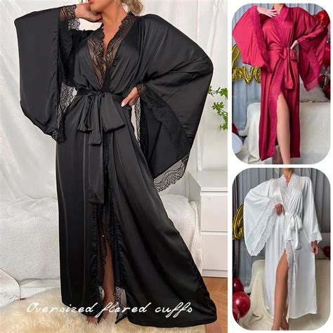 Womens Nightdress Sexy Long Polyester Lingerie Nightwear Bath Robe Gown Imitation Ice Silk