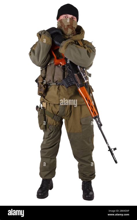 insurgent sniper in russian type of uniform with SVD sniper rifle isolated on white background ...