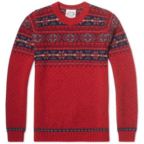 Jamieson S Of Shetland Jacquard Half Fair Isle Crew Neck Knit Red END