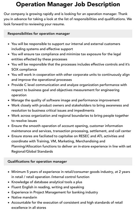 Operation Manager Job Description Velvet Jobs