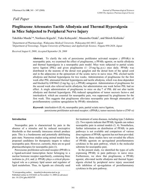 Pdf Pioglitazone Attenuates Tactile Allodynia And Thermal