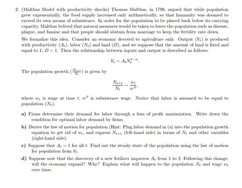 (Malthus Model with productivity shocks) Thomas | Chegg.com