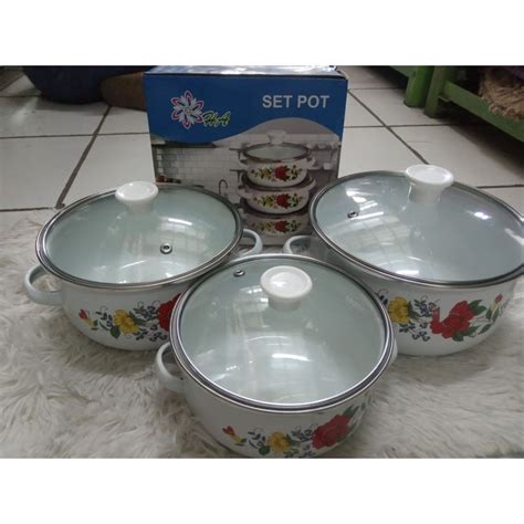 Jual Panci Set Enamel Susun Tutup Kaca Panci Set Motif Bunga