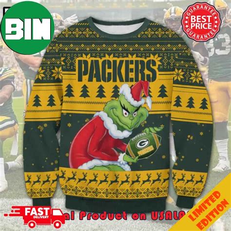 The Grinch X Green Bay Packers Nfl Santa Hat Ugly Christmas Sweater For