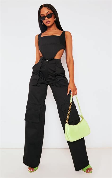 Black Twill Pocket High Waist Cargo Trousers Co Ords