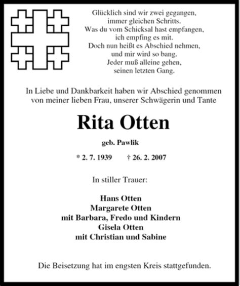 Traueranzeigen Von Rita Otten Trauer In Nrw De