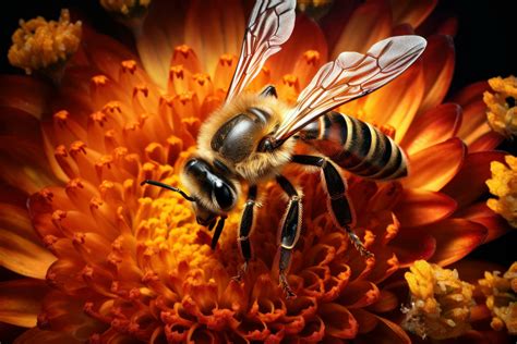 Epic Macro Photography Shot Of Honey Bee Closeup View Of Working Bees