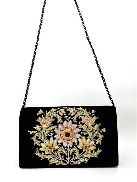 Black velvet evening bag, embroidered floral party clutch, OOAK ...