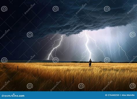 Thunder And Lightning Storm Over Cornfield Lone Figure Watching Stock