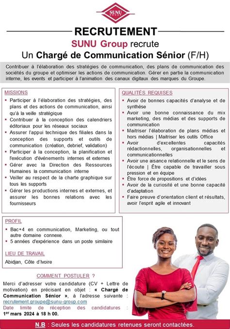 Le Groupe Sunu Recrute Un Charg De Communication S Nior H F Abidjan