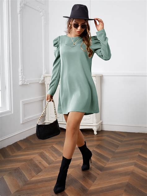 SHEIN Clasi Vestido Unicolor Con Ojal Con Encaje De Manga Gigot Moda