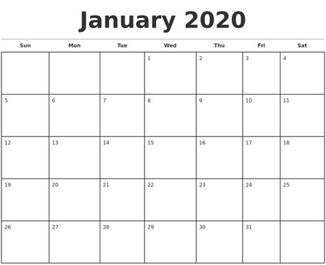 January 2020 Monthly Calendar Template