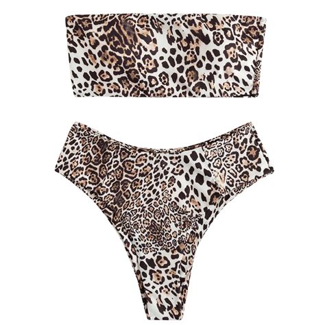 Leopard Print Bandeau With High Leg Bikini Set Bikinis High Leg Bikini