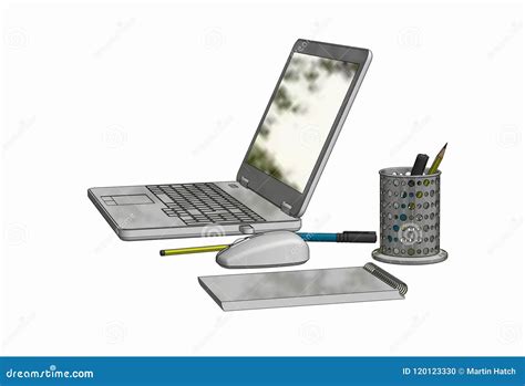 D Cad Illustration Of Laptop Computer With Corless Mouse Notepad And