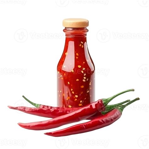 A Bottle Of Hot Sauce Sits On A Table Next To Three Red Peppers 53238493 PNG