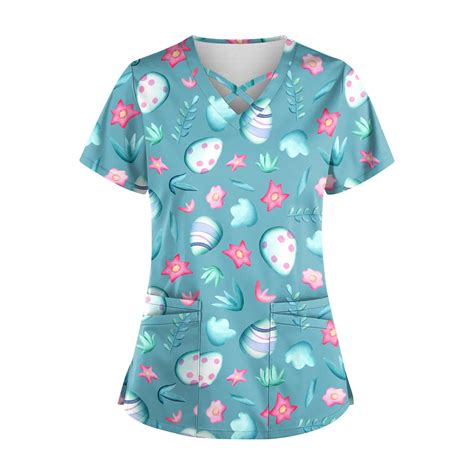 Taymeis Easter Day Scrub Tops Women Bunny Egg Easter Print Nurse