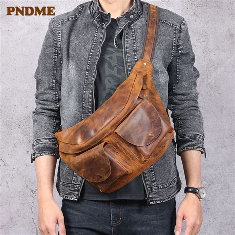 PNDME Bolso De Pecho De Cuero Genuino De Gran Capacidad Para Hombre