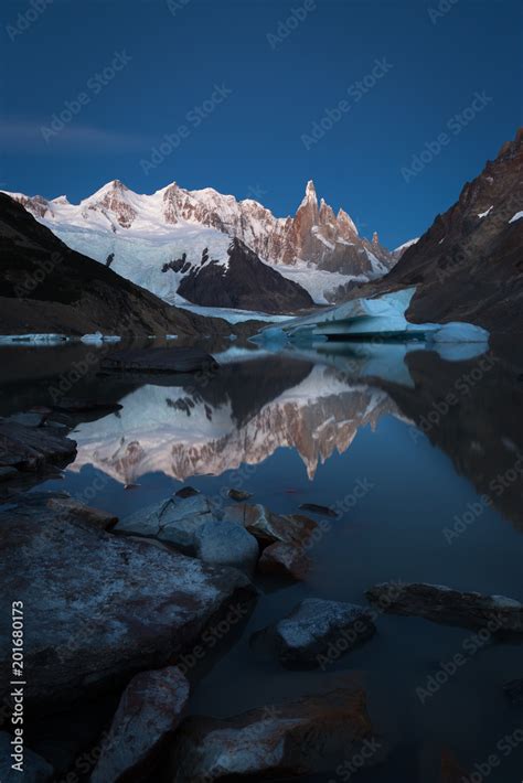 Reflection Of The Cerro Torre On The Laguna Torre At Pre Dawn Morning