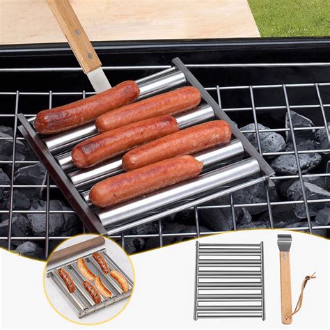 Hot Dog Roller for Grill Stainless Steel BBQ Hot Dog Grill Roller with Wooden Handle, Sausage