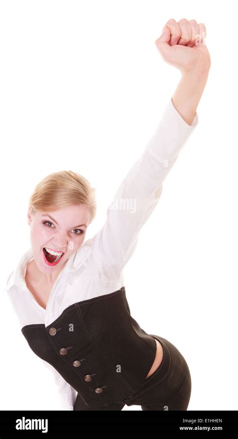 Happy Blonde Businesswoman With Success Hand Sign Business Stock Photo Alamy