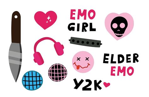 Emo Y2k Girl Stickers Set Pink Color Elder Emo Goth Earphones Heart