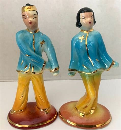 9 Pair Japanese Ceramic Figurines Dancing Pair Blue Gold Asian Signed