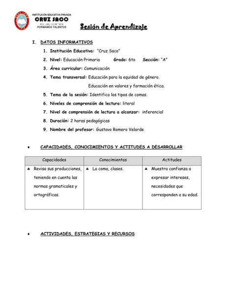 Sesi N De Aprendizaje Datos Informativos Instituci N