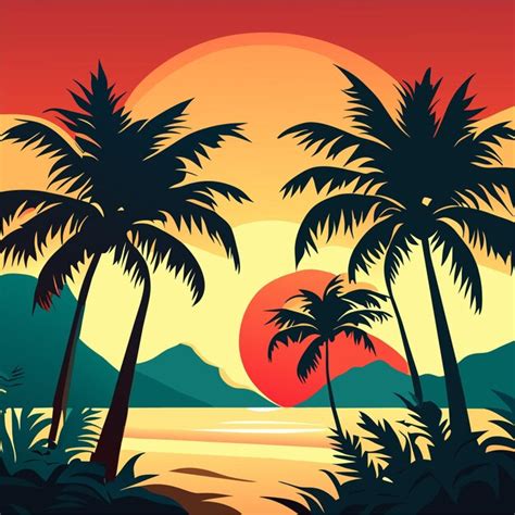 Premium Vector Set Of Palm Trees Or Beach Sunset Beach Illustration