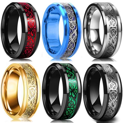 10 Colors 8mm Men's Stainless Steel Celtic Dragon Ring Inlay Red Green