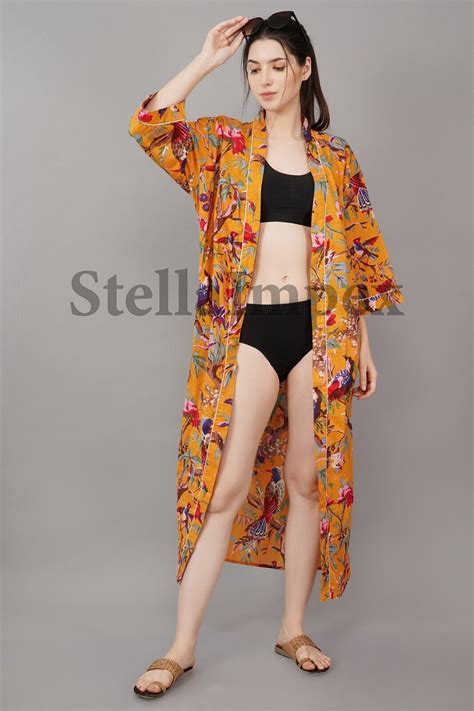 Trendy Cotton Kimono Elegant Bird Print Bathrobe Resort Wear Beach Bikini Cover EBay