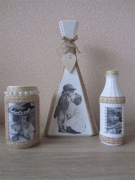 Glazen Flessen Potjes Bewerkt Met Gesso En Vintage Servet Plaatjes