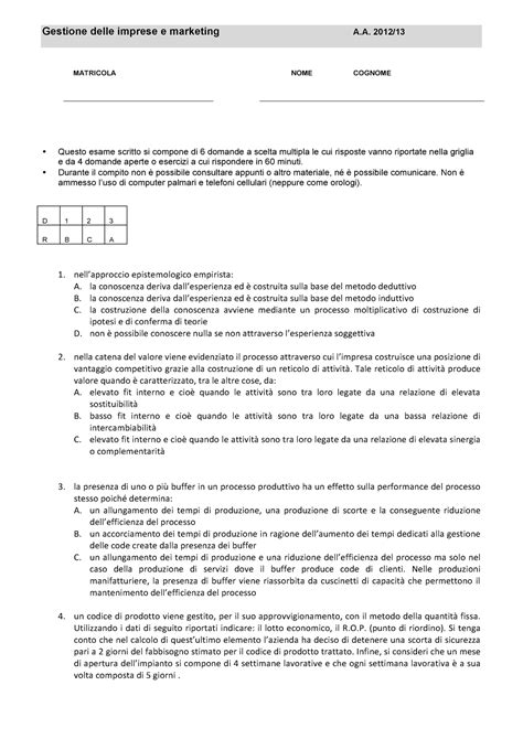 Esempio Prova D Esame Marzo Domande Risposte Gestione Delle Imprese