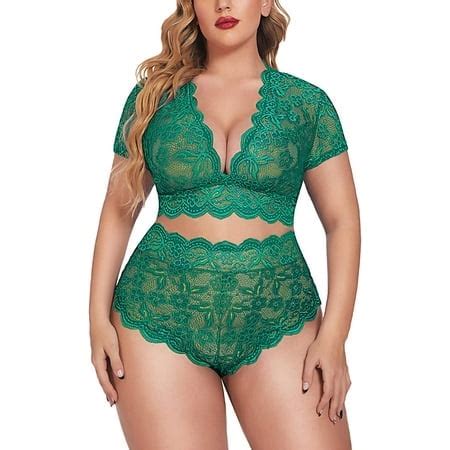 Plus Size Lingerie Plus Floral Lace Scallop Trim Lingerie Set Deep V