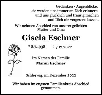 Traueranzeigen Von Gisela Eschner Sh Z Trauer