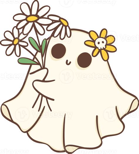 Cute Halloween Ghost With Flower Outline Kawaii Retro Spooky Boo Cartoon Outline Doodle