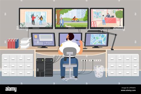 Vector Security Service Police Worker Sitting Control Room Stock Vector